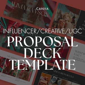 Peut inclure: Modèle de présentation de proposition avec un design moderne. Le texte comprend "Influencer/Creative/UGC Proposal Deck Template" et "Alima Rayson" avec le logo Canva. La palette de couleurs est un mélange de rouge, de noir et de blanc.
