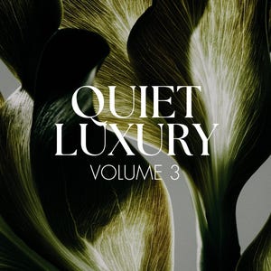 Può includere: Immagine artistica con foglie verde scuro e oliva, e il testo bianco «QUIET LUXURY VOLUME 3». Le foglie strutturate creano profondità. L'estetica è elegante e minimalista, evocando il lusso discreto.