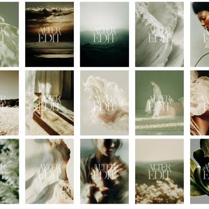 May include: A collection of fifteen art prints with a muted color palette. Each print features a nature-inspired image, including landscapes, floral elements, and abstract textures. The text "ALTER EDIT" is overlaid on each image in a stylized font.