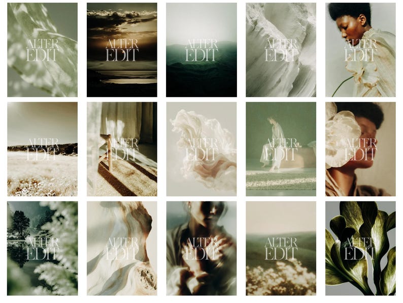 May include: A collection of fifteen art prints with a muted color palette. Each print features a nature-inspired image, including landscapes, floral elements, and abstract textures. The text "ALTER EDIT" is overlaid on each image in a stylized font.