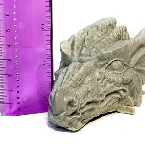 May include: A gray, detailed dragon head sculpture, approximately 5 inches in length, with a textured surface and a realistic appearance.