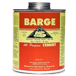 May include: A red and yellow can of Barge All Purpose Cement. The can has a bear logo and the text "Waterproof, Extremely Flexible, One Coat, Easy to Spread, No Nails". The can is 32 fluid ounces (946 ml).