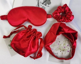 4pc Red Green Navy Silk Blindfold Eye Mask Gift Bag Scrunchie Headband, Yoga Mother Wife Mum Girlfriend Valentine present romantic gift UK