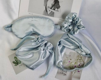 4pc baby blue green pink lavender silk blindfold eye mask gift bag scrunchie headband Ladies Nan Wife Mum Valentine secret Santa gift set UK