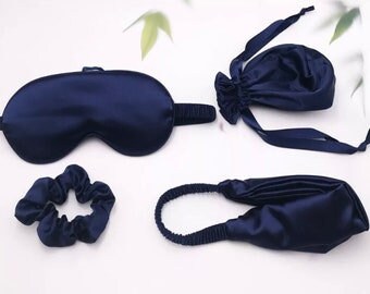 4 Stück Blau oder Marine Seide Augenbinde Augenmaske Geschenk Tasche Scrunchie Stirnband, romantische Frau Mama Papa Familie Valentinstag Geschenk für ihn