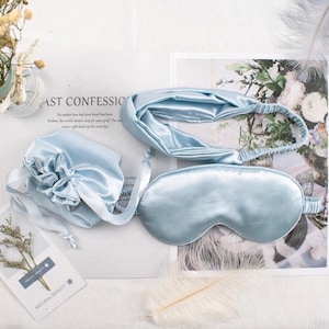 3pc set luxury Blue silk eye sleeping mask headband & pouch, Bride Midwife Doula Teacher Gifts Anti-Wrinkle Valentine Gift for Dad Mother UK