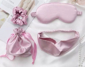 4pc lavender pink red silk blindfold eye mask gift bag scrunchie headband, Wife Mother Mum Nan Sister Valentine present secret Santa gift UK