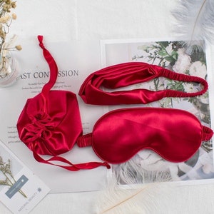 3pc red Red silk sleeping blindfold eyemask, headband & gift pouch bag, Valentine Gift for husband wife girlfriend women or men boys gift UK