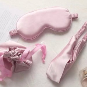 3pc set Lavender Pink silk sleeping mask blindfold headband & bag, airport slip mask, sleep silk eye cover, Mother Valentine gift for women