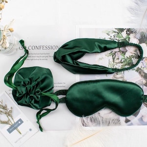 3pc green luxury silk eye/sleeping mask, headband & pouch gift set; eye shade blackout mask, home yoga spa Valentines birthday Father's Day