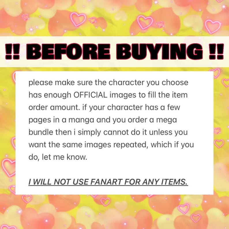 May include: A graphic with the text "!! BEFORE BUYING !!" in a bold, black font. Below, a white box contains text about image selection and the use of official images, not fan art, for items.