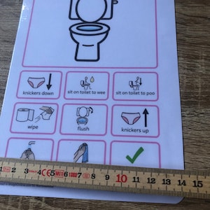 May include: A white card with a pink border showing a toilet graphic and illustrated steps for using the toilet. The steps include "knickers down", "sit on toilet to wee", "sit on toilet to poo", "wipe", "flush", and "knickers up". A ruler is placed on the bottom.