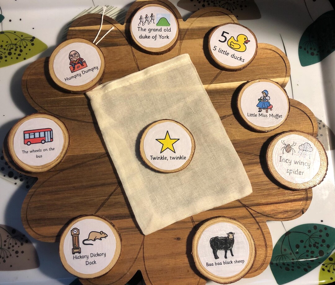 Wooden Nursery Rhyme Discs Handmade Song Time Learning Toy Etsy UK