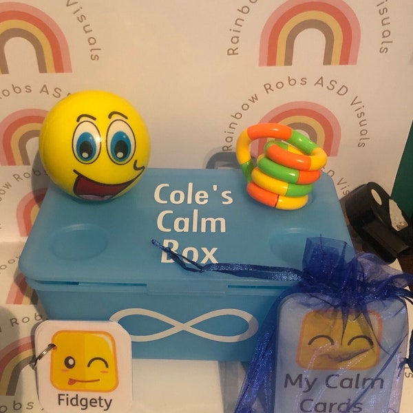 My Calm box with 4 items stress ball, fidget tangle toy, calm down cards & feelings keyring| ASD|Sensory processing|Self regulation|Autism