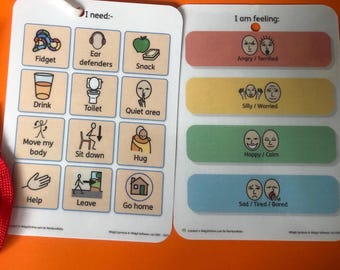 May include: Two white communication cards with rounded corners. The left card features a grid labeled I need with icons for Fidget, Ear defenders, Snack, Drink, Toilet, Quiet area, Move my body, Sit down, Hug, Help, Leave, and Go home. The right card is labeled I am feeling with four colored bars showing facial expressions for Angry/Terrified, Silly/Worried, Happy/Calm, and Sad/Tired/Bored.
