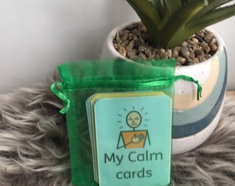 May include: A green pouch with a stack of blue and green cards inside. The cards have a simple drawing of a person with their hands over their heart and the text "My Calm cards".