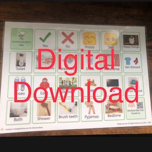 May include: A communication mat with various illustrated icons and text labels, including "Yes," "No," and "Happy." The words "Digital Download" are overlaid in red. The mat is designed for visual communication and support.