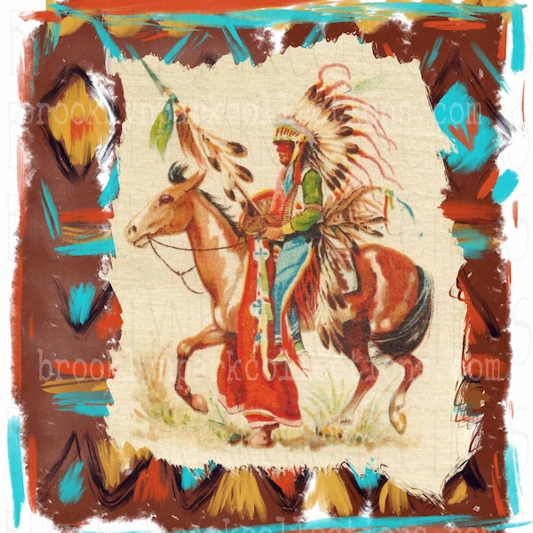 Vintage Indian Chief Horse,Aztec Frame, SUBLIMATION TRANSFER, Ready To Press, Southwest Art