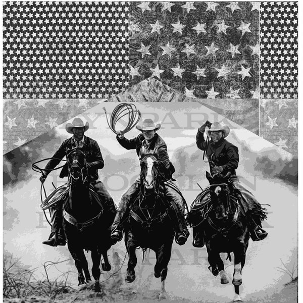 Grunge, Cowboy, American Flag, SUBLIMATION TRANSFER, Ready To Press, Black White,