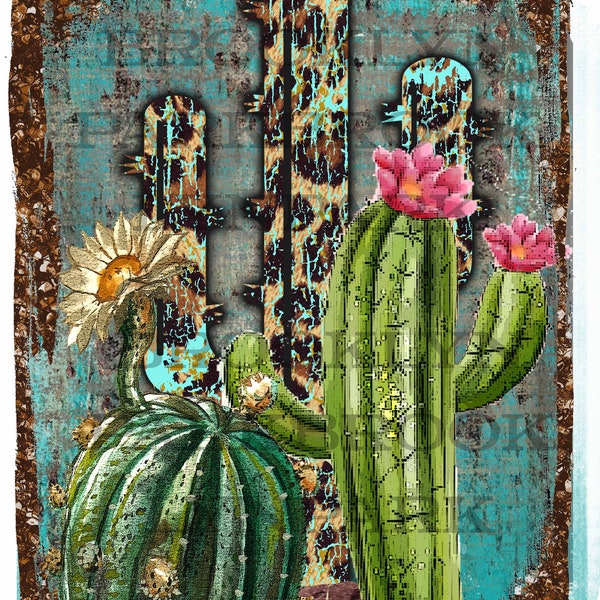 Cactus, Leopard, Grunge, Southwest Art, SUBLIMATION TRANSFER, Ready To Press,