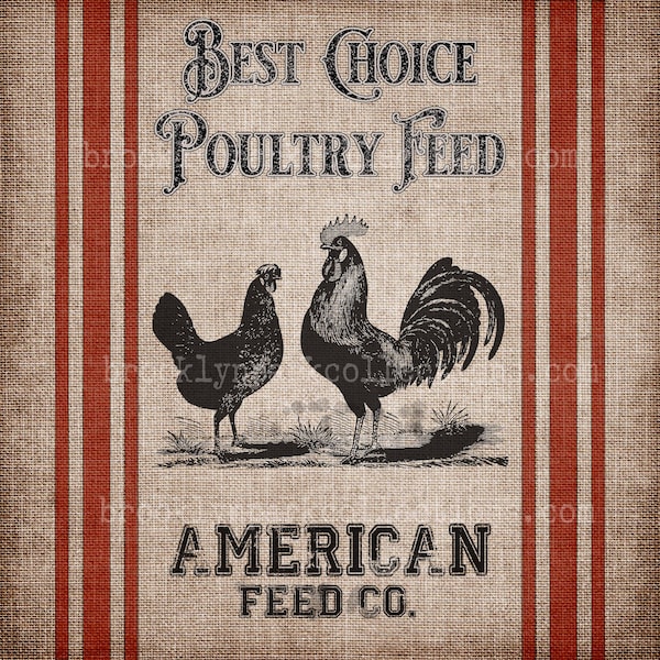 Chicken Feed Sack, Farm Rooster, SUBLIMATION TRANSFER, Ready To Press, pillow, fabric, American