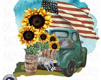 American Flag, Vintage Truck, Sunflowers, SUBLIMATION TRANSFER, Ready To Press