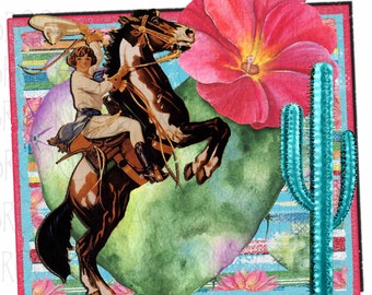 Cowgirl on Horse, Cactus, Applique Fabric, Sew On, Design, Quilt, Shirt, Pillow, Patch