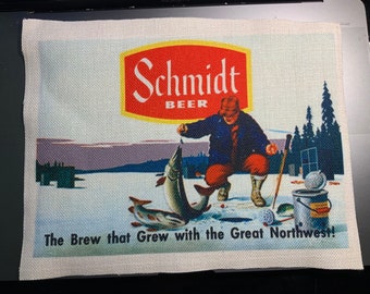 Ice Fishing, Schmidt Beer, Great Northwest, FABRIC APPLIQUE, Sew On, Design, Quilt, Shirt, flannel, Pillow,