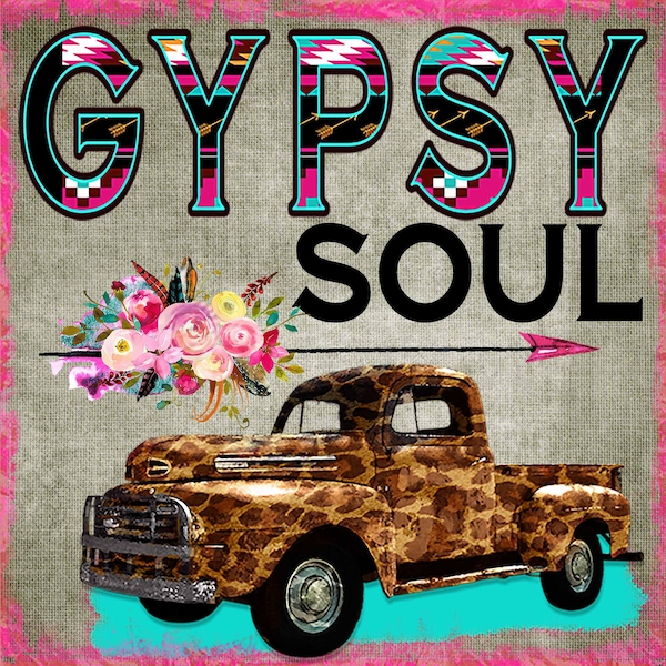 Gypsy Soul, Vintage Truck, Boho, FABRIC APPLIQUE, Sew On, Flannel, Quilt, Shirt, Pillow,