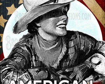 American Cowgirl, Vintage Art, Flag, SUBLIMATION TRANSFER, Ready To Press,