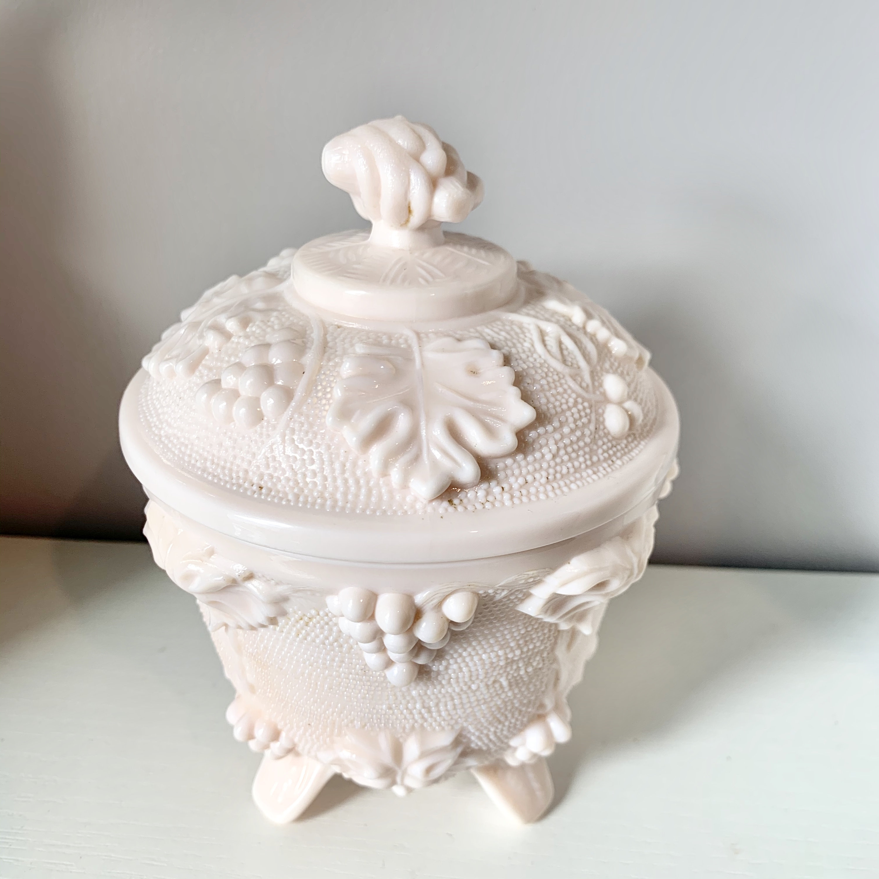 Shell Pink Milk Glass Covered Candy Dish Grapevine Etsy