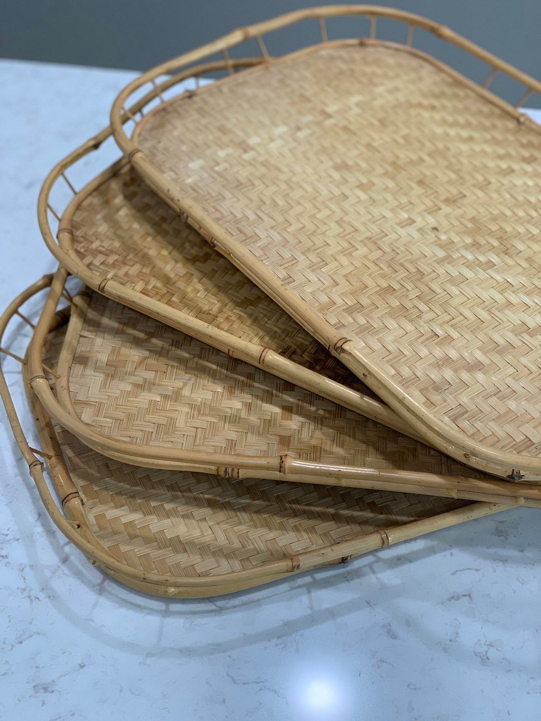 Vintage Bamboo & Wicker Serving Tray Rattan Decorative Serving Tray