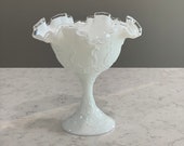 Vintage Fenton Silver Crest Spanish Lace Pedestal Bowl- Farmhouse- Candy Dish- Compote- Milk Glass