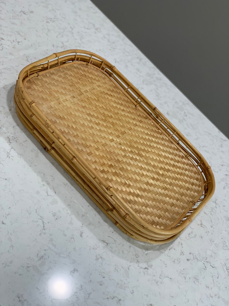Vintage Bamboo & Wicker Serving Tray Rattan Decorative Serving Tray