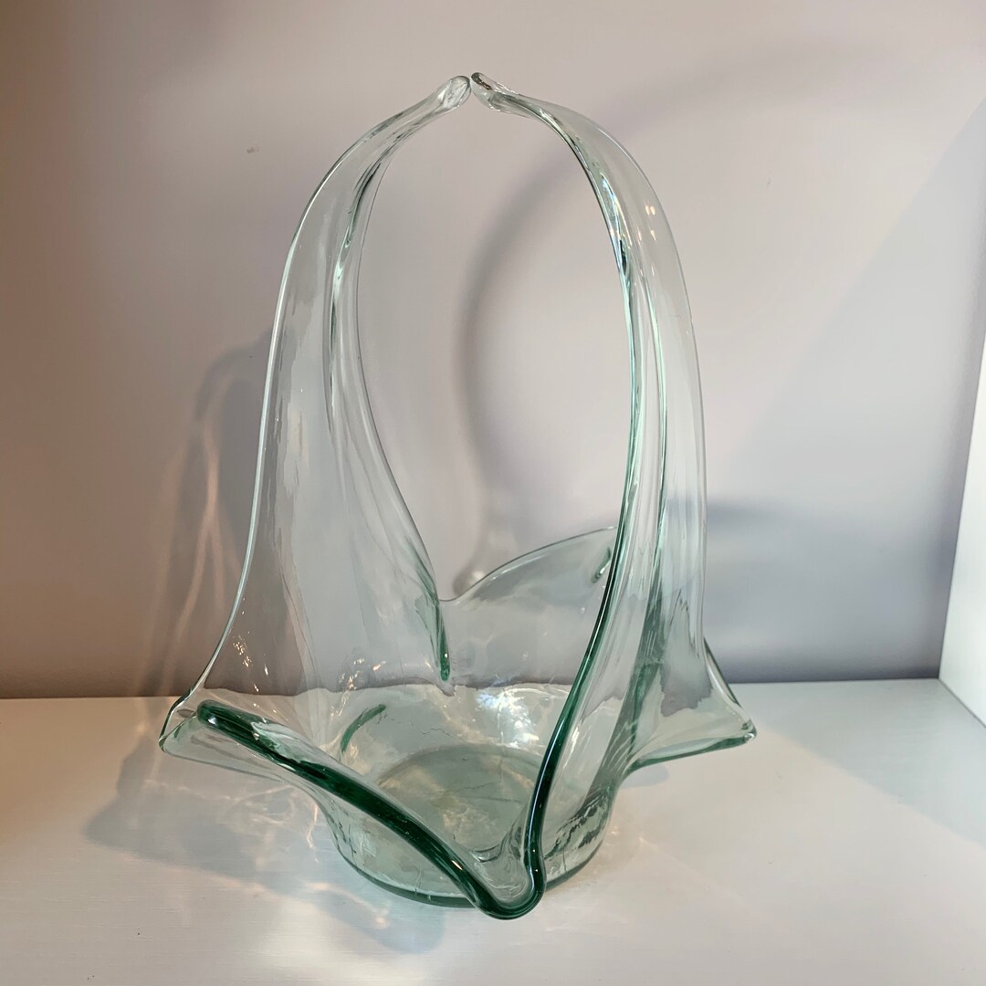 Vintage Hand Blown Glass Basket Aqua Blue Etsy