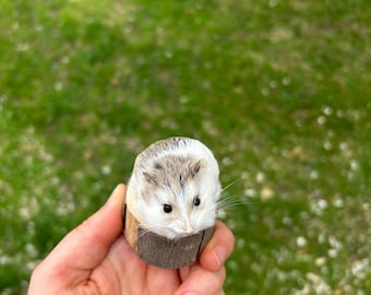Taxidermi av en robo-dvärghamster monterad på träställ