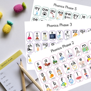 Phonics Poster Bundle: Phase 2, 3, & 5 Sound Mats, Lerndruck, Digitaldruck, Zuhause für die Schule, Spielzimmer, Lehrerressource, Bildung