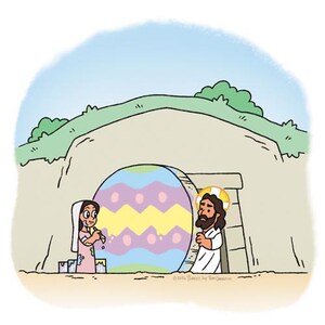 K&ouml;nnte beinhalten: Eine Cartoon-Illustration zeigt eine Frau, die ein gro&szlig;es, farbenfrohes Osterei bemalt. Jesus steht mit einem Heiligenschein in der N&auml;he. Die Szene spielt sich vor einem Grab mit blauem Himmel und gr&uuml;nem Laub im Hintergrund ab.