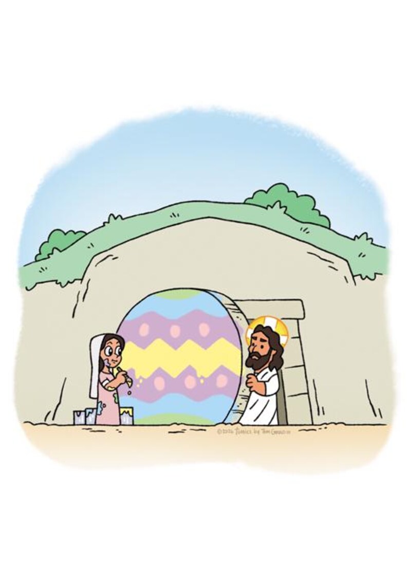 K&ouml;nnte beinhalten: Eine Cartoon-Illustration zeigt eine Frau, die ein gro&szlig;es, farbenfrohes Osterei bemalt. Jesus steht mit einem Heiligenschein in der N&auml;he. Die Szene spielt sich vor einem Grab mit blauem Himmel und gr&uuml;nem Laub im Hintergrund ab.