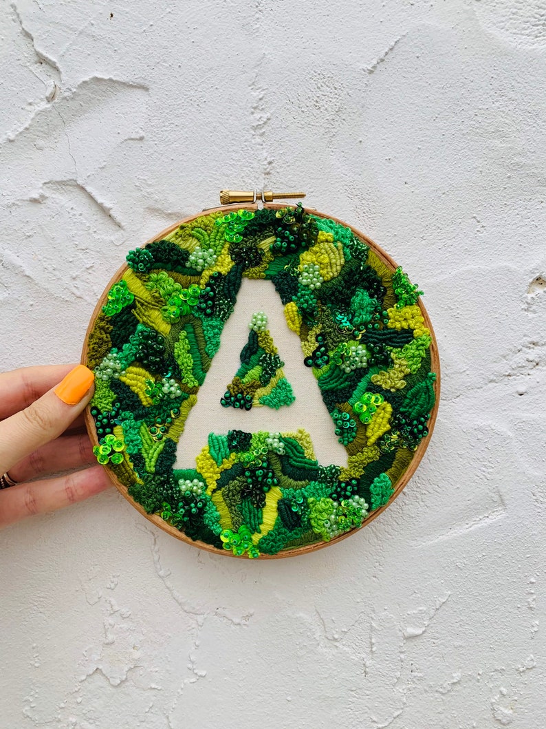 6.5\u201d PERSONALISED INITIAL LETTER A Embroidered Wall Hanging Hoop Wall Hanging Abstract Embroidery Earthy Personalised Art