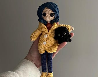 Handmade Crochet Small Coraline Doll and Cat