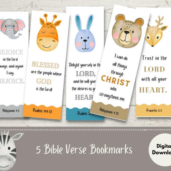 Kids Bible Verse Bookmark, Scripture Bookmark, Kids Bible Verses, Animal Book Marks, Bookmarks for kids, Christian Digital Download