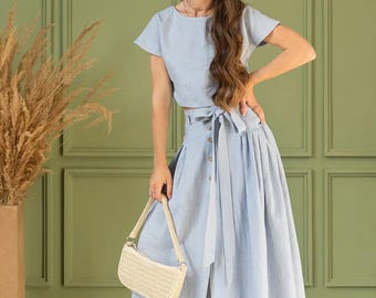 Ice Blue Linen Crop Top Midi Skirt Set | Organic Summer Co Ord