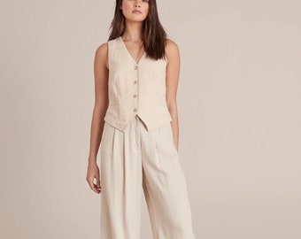 Beige Linen Waistcoat, Natural Linen Casual Vest,  Front Button Waistcoat, Linen Short Vest Top for Women, Formal Vest Blouse