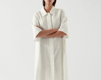 White Linen Shirt Dress, Button Down Linen Dress, Casual Linen Dress With Pockets, Bridesmaid Linen Dress