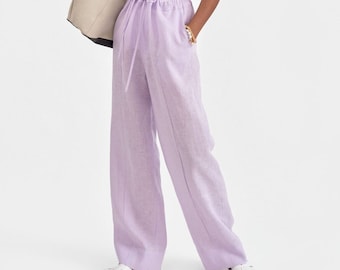 Lilac Linen Pants, Lavender Linen Summer Trousers, Woman Sleepwear Pajama Set, Bridesmaid Pj Set, Linen Loungewear