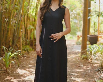 Black Linen Midi Dress, V Neck, Pockets, Sleeveless Summer Sundress, Timeless Linen Clothing