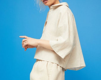 Beige Linen Button Down Boxy Crop Shirt, Natural Linen Button Up Top