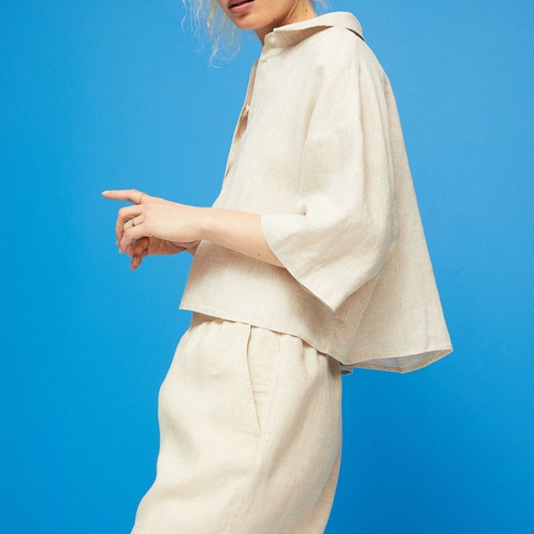 Beige Linen Button Down Boxy Crop Shirt, Natural Linen Button Up Top