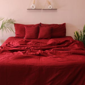 Dark Cherry Red Pure Cotton Stonewashed Duvet Cover, Wine Red Boho Bedding Set, Maroon Comforter Cover